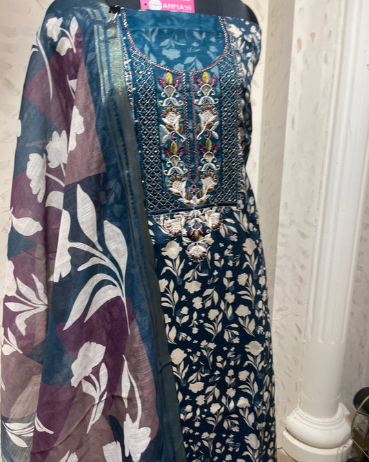 Leafy bright jaam cotton suit set with combination dupatta
