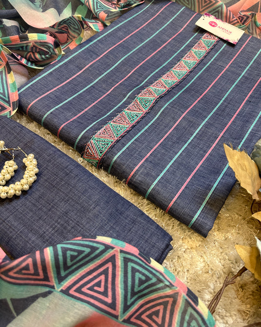 Soft denim cotton vertical line suit set with Mul cotton floral dupatta