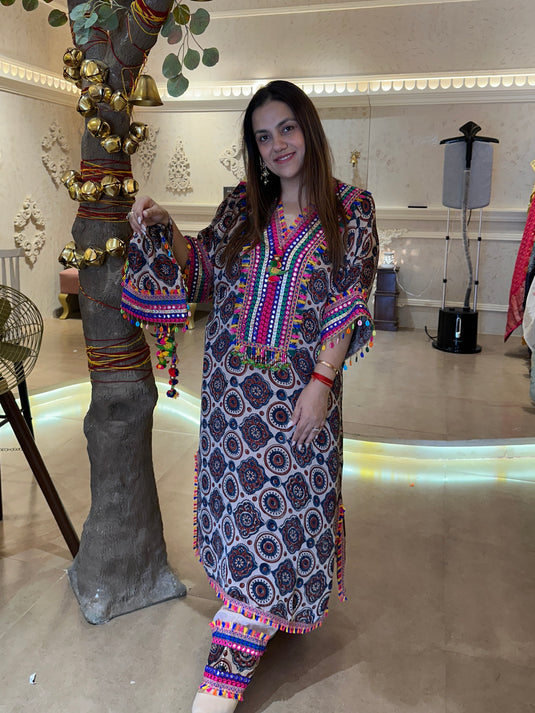 Farshi Salwar pure crepe ajrakh print stitched choga style set with potli