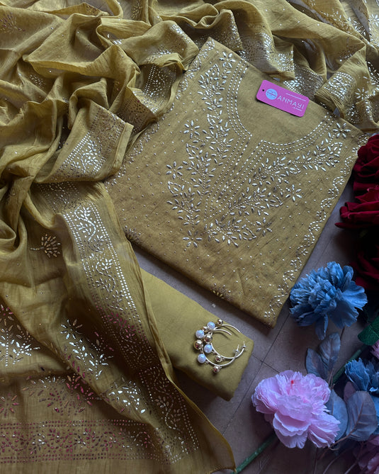 Kurta v neck bright Mukaish Mul Chanderi suit set