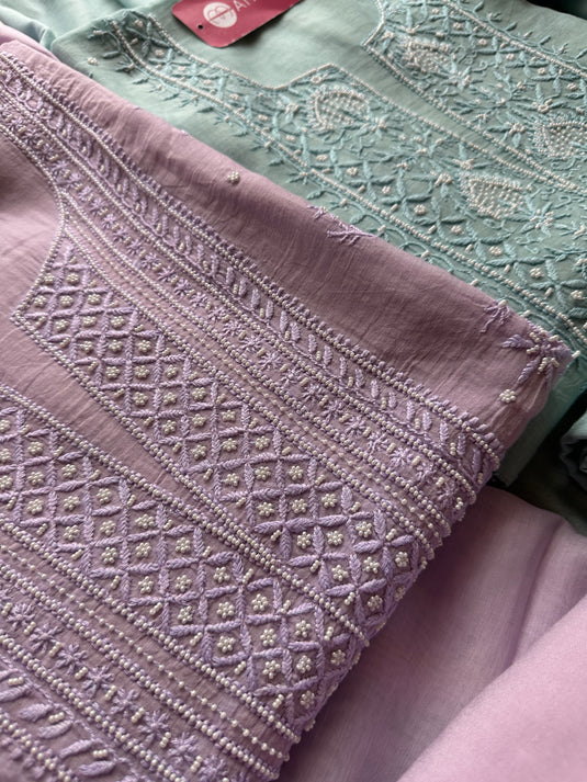 Pastel pure Mul suit set with Chikankari pearl work