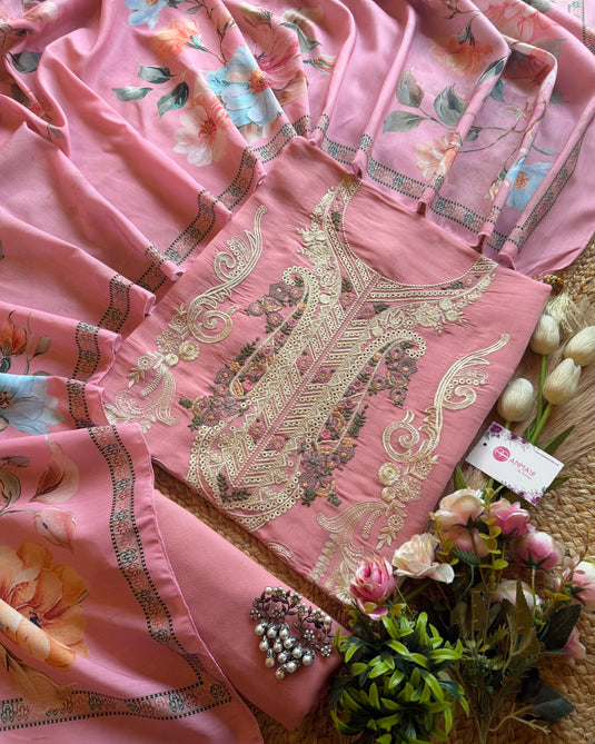 Pakistani patterned mul chanderi suit with digital muslin stole