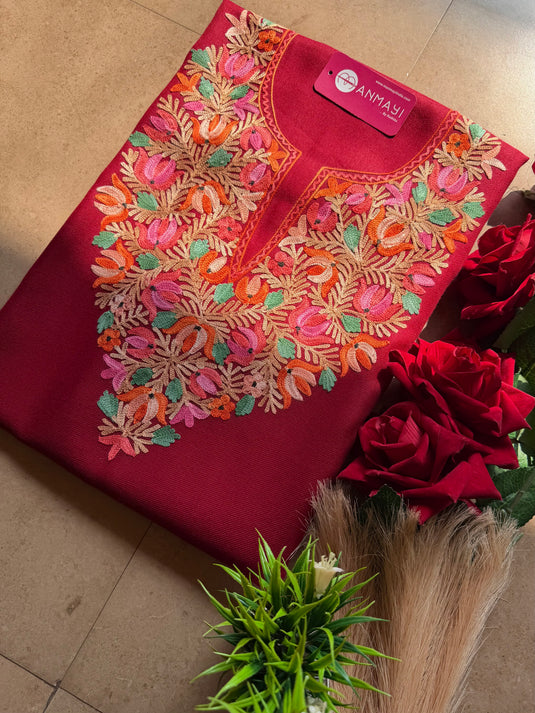 Aari work unstitched woollen coord sets