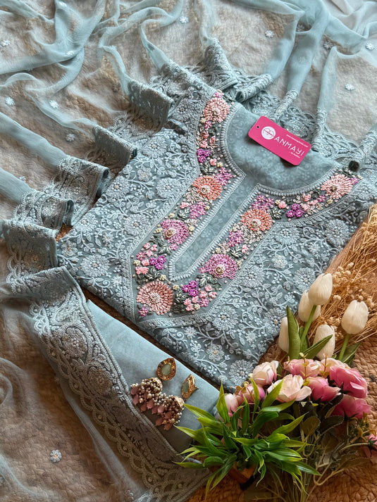 Pure Georgette flower garden neck chikankari suit set