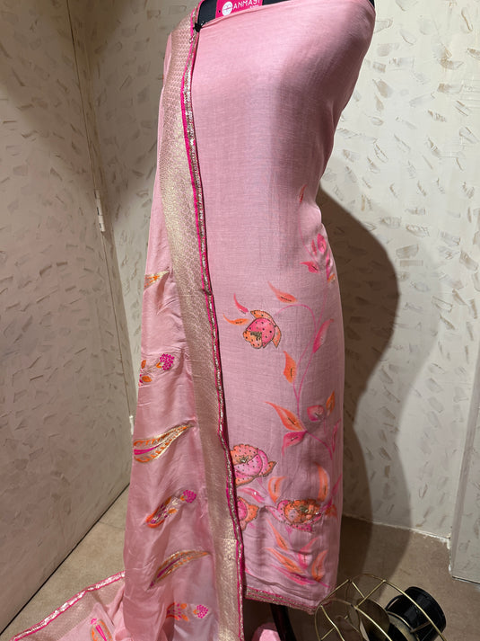Handpaint highlights on pure linen fabric with georgette banarasi dupatta