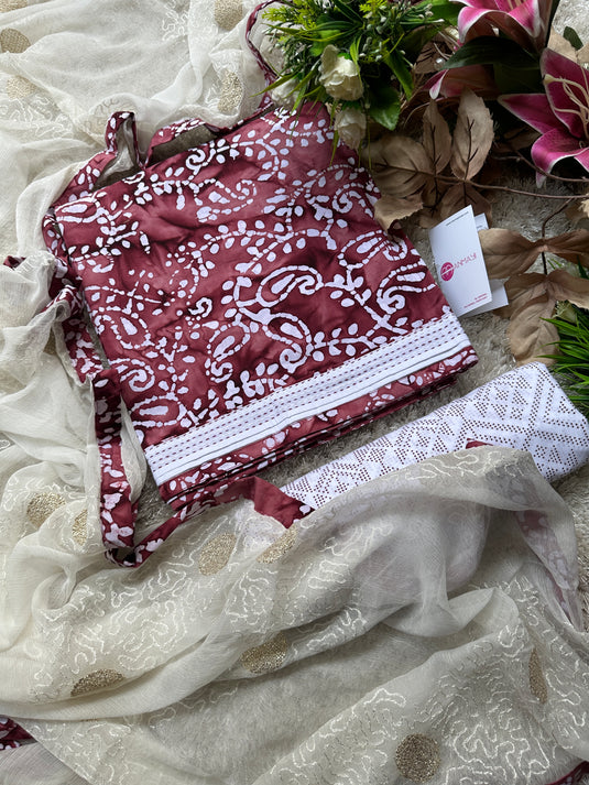 Authentic premium cotton batik suit with pure chiffon embroidery dupatta