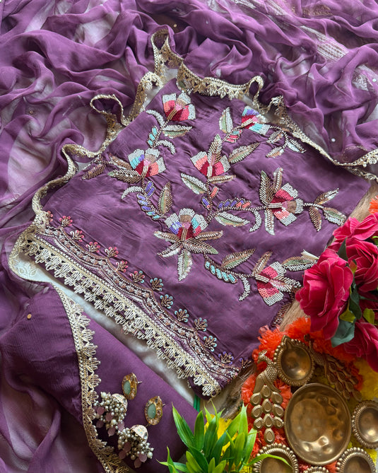 Coloured seaquins work embroidered glass organza suit set