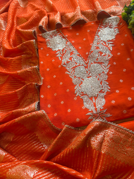 Sparrow neck Dolla silk suit set with Banarasi jacquard dupatta