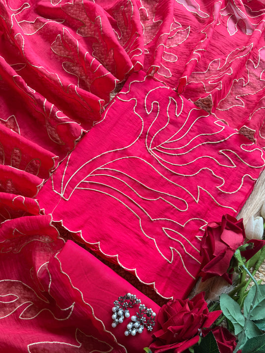 Organza patch applique mul chanderi suit set