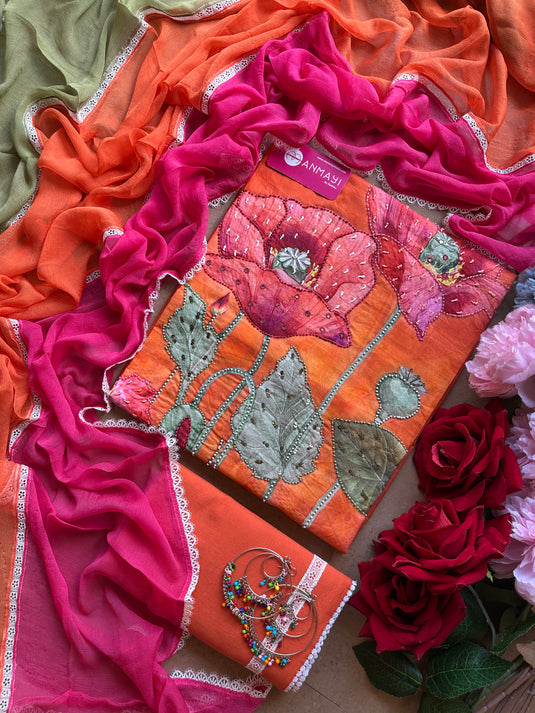 Bright festive printed cotton suit with highlights and tricolour dupatta