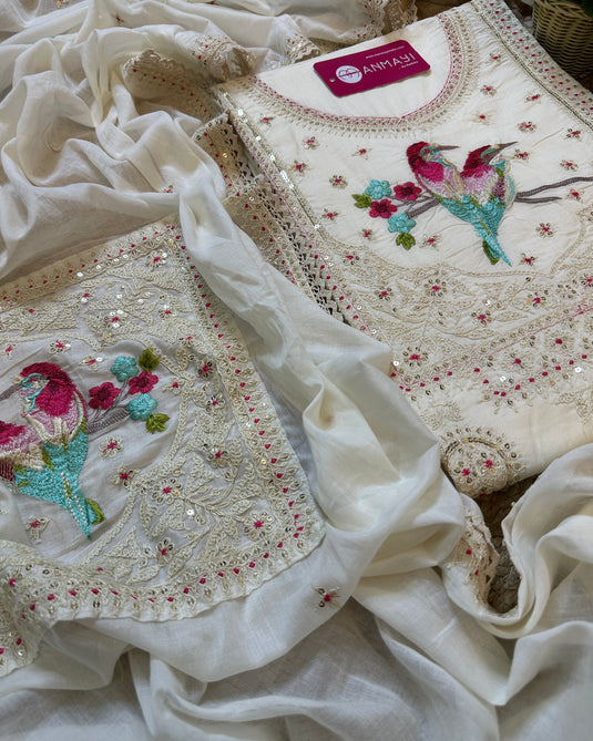 Parrot paradise embroidered cotton suit set