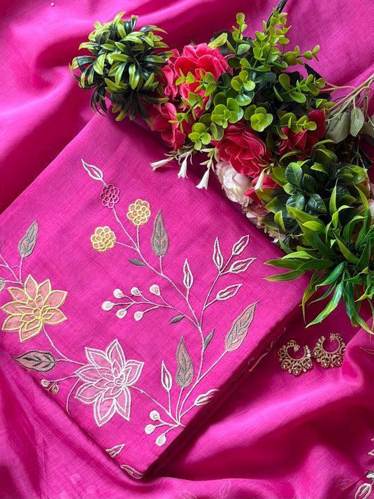 Appliqué work pure mul chanderi suit set
