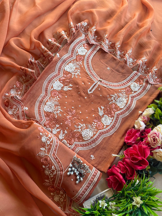 Semi stitched parsi work patched organza neck pure Mul cotton suit
