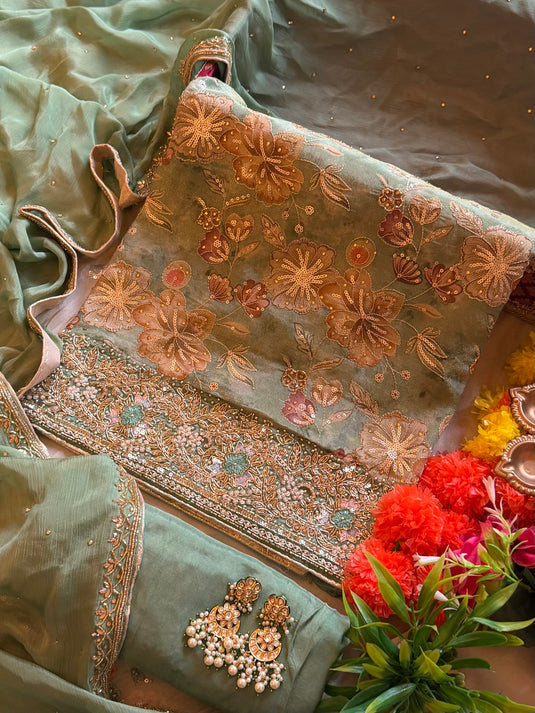 Vivah shimmer silk suits with embroidery