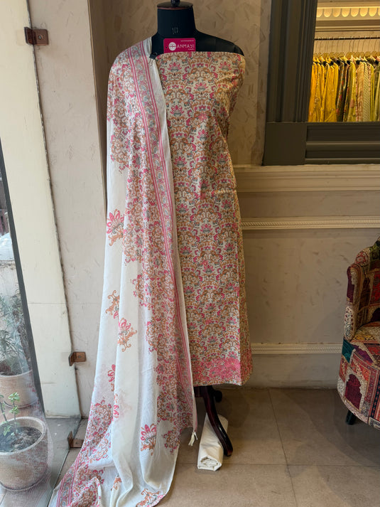 Printed cotton embossed border work suit set