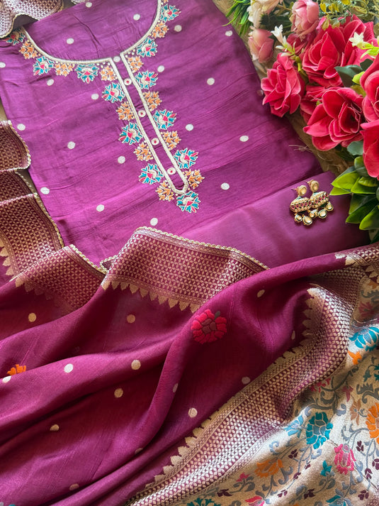 Raw silk mulberry brocade border suit set