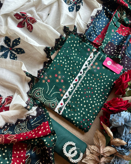 Bandhani printed jaam cotton suit set with patch work dupatta