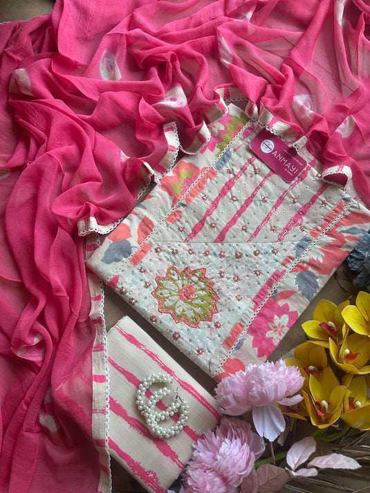 Neon flower cotton suit with pure chiffon batik dupatta