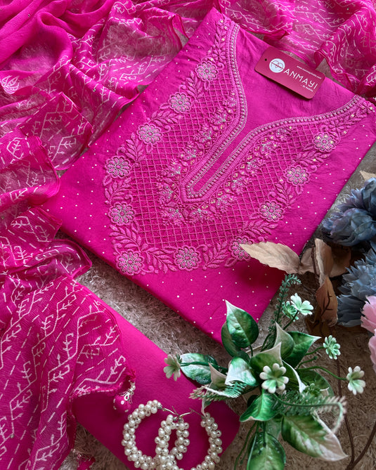 Fuchsia pink lucknawi Chikankari pure cotton suit set with chiffon block print dupatta