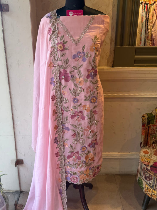 Embroidered panel pure mul cotton suit set