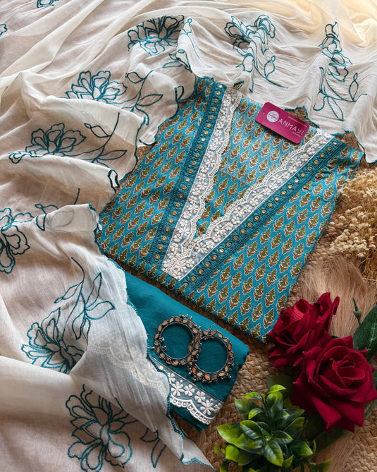 Printed Cambric cotton crochet V neck suit set with embroidered dupatta