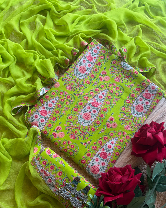 Persian print fine Cambric cotton suit set with chiffon dupatta