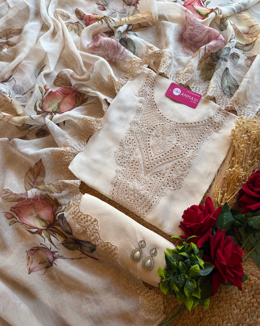 Organza Pakistani suit set with cutwork neck and digital dupatta