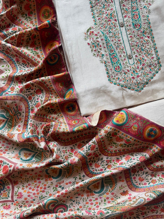 Silk ivory position print suit set with Kani weave dupatta