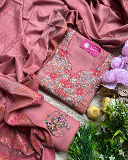 Soft Pashmina Parsi work suits with block print details