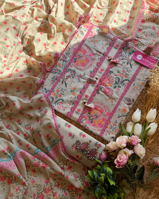 Pakistani crochet pure cotton suit set with cotton dupatta