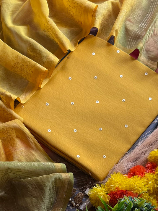 Mul Mul Chanderi zari polka pasting work with shaded gold dupatta
