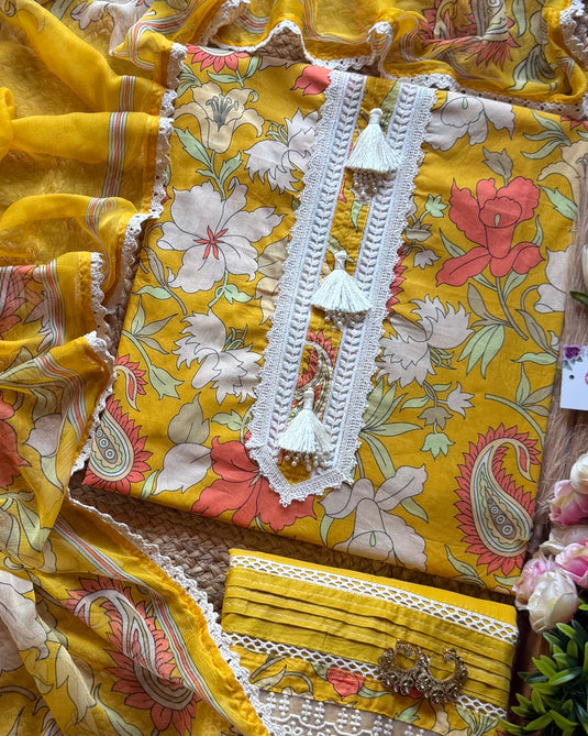 Cotton Pakistani tassel neck yellow floral suit set