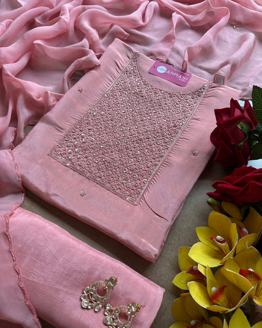 Shimmer tissue embroidered seaquins neck suit set with organza stole