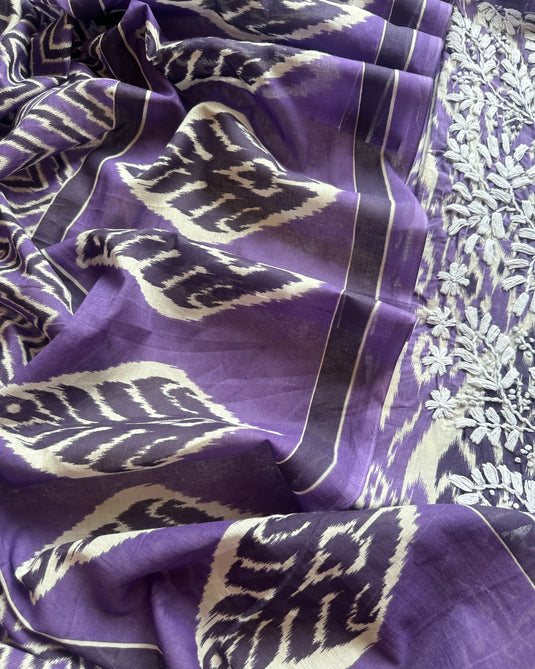 Ikkat print chikan neck soft cotton suit set