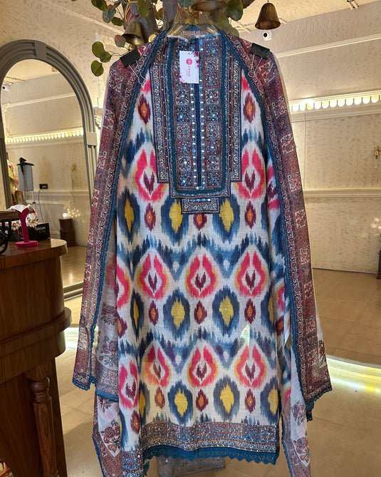 Printed linen Chanderi suits with highlighted thread and mirror details