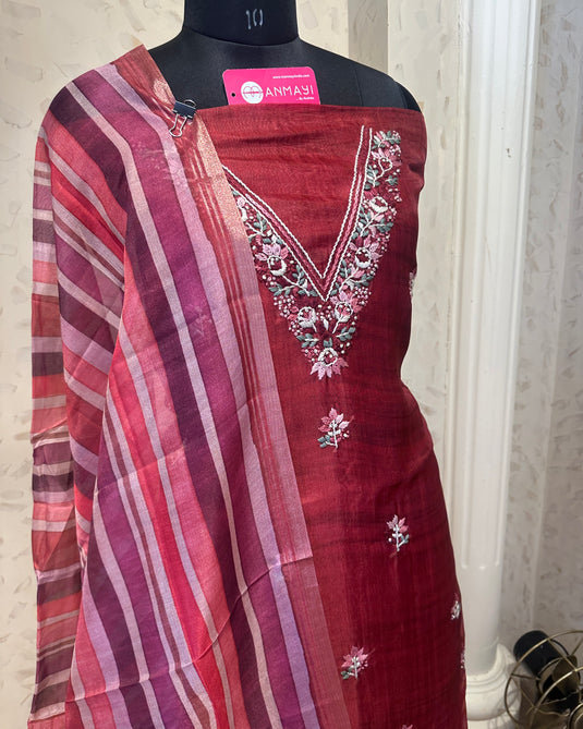 Tussar silk French knot work v neck suit set