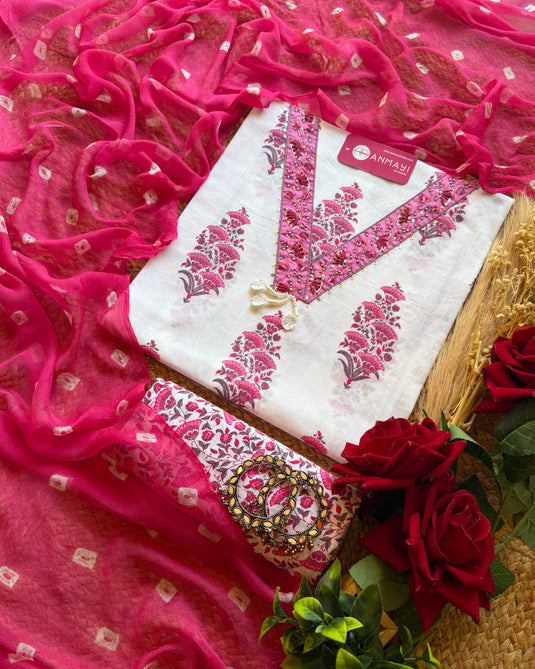 Block printed V neck suit set with chiffon bandhani dupatta