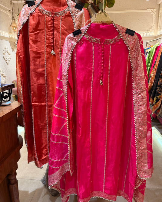 Upada Silk gotta work semi stitched suit set with banarasi dupatta