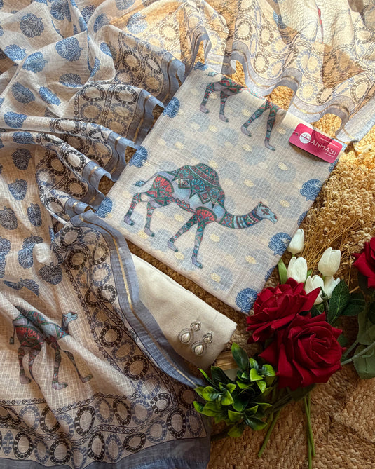 Kota Doria Camel print suit set with pearl neck and Banarasi work