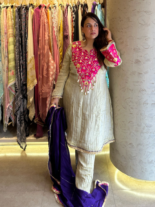 Crushed tissue ready to wear boho neck A line suit with georgette dupatta