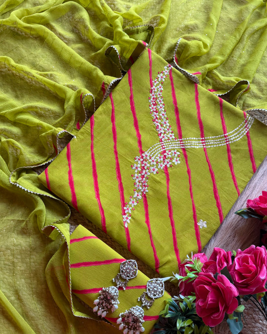 Jewelled pita neck pure cotton lehria print suits with chiffon highlights dupatta