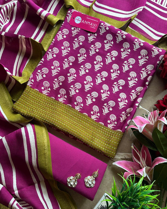 Pure Modals block print suit set with stripes dupatta and cotton bottom