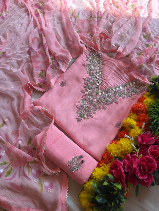 Crepe silk embroidered mirror neck suit set with chiffon Handpaint highlights dupatta