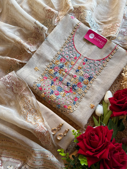 Pure Jamdani Silk French Knot Work Suit Set