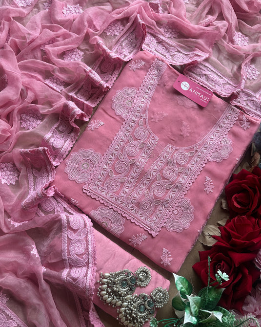Pure georgette chikankari flower work suit set