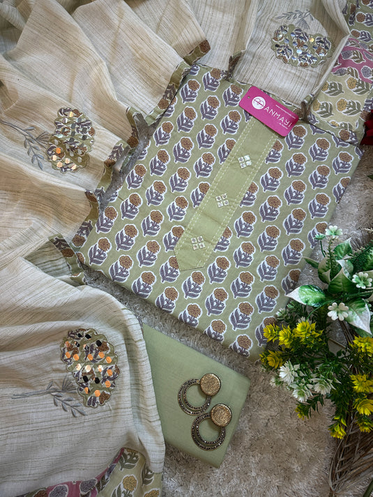 Block print Jaipuri fine cotton suit with paper mirror work