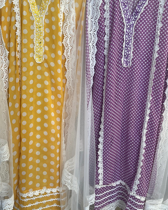 Pure georgette polka dots Pakistani suits with net dupatta