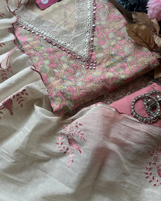 Digital print cambric cotton suit with crochet mirror v neck and embroidered cotton dupatta