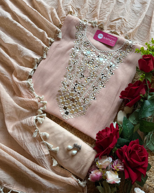 Gotta work Mul Chanderi suit set with mirror work and cotton tassels