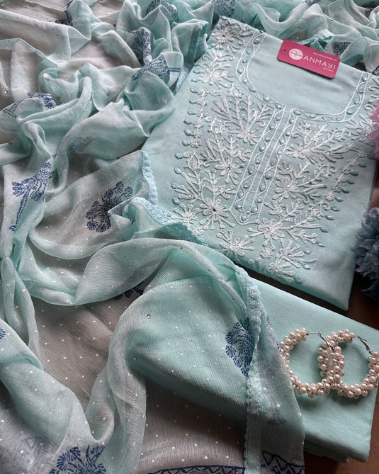 Chikankari neck block print pure cotton suits with chiffon dupatta